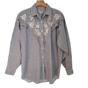At Last Western Shirt Vintage‎ Striped Blue Embroidery Pearl Button Cowgirl Med